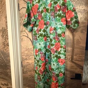 1960s Vintage Floral Midi Dress in Aqua and Coral